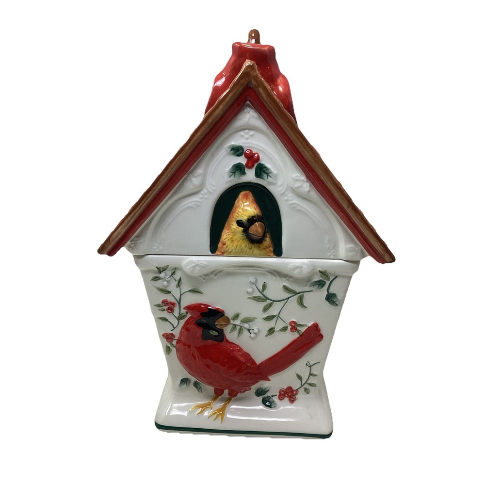 Pfaltzgraff Winterberry Berry Cardinal Christmas Bird House Cookie Jar W/Box